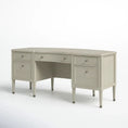 Load image into Gallery viewer, Beige solid wood executive desk with champagne finish, featuring multiple drawers and tapered legs on white background