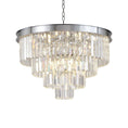 Load image into Gallery viewer, Chrome crystal chandelier with 3-tier design, clear elongated crystals, and polished chrome frame hanging by chain