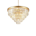 Load image into Gallery viewer, Round gold crystal chandelier with tiered elongated crystals and matching chain on white background