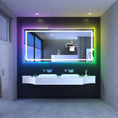 Load image into Gallery viewer, Rectangular wall-mounted bathroom mirror with adjustable RGB LED lighting and black vertical panel backdrop