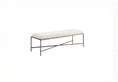 Load image into Gallery viewer, Minimalist white chenille fabric bench with slim bronze metal frame and crossbar support on white background
