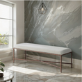 Load image into Gallery viewer, Minimalist white chenille fabric bench with slim bronze metal frame against marble wall in bright room setting
