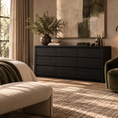 Load image into Gallery viewer, A dark wood dresser in a styled bedroom setting, topped with a large vase of greenery and books, beneath a large abstract wall art piece.