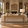 Load image into Gallery viewer, A styled living room scene featuring a light beige sectional sofa, a matching wood console table, a white table lamp, and a textured ceramic vase with greenery, arranged in front of a fireplace with built-in shelving.