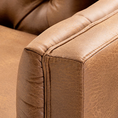 Load image into Gallery viewer, Close-up of the Belmont brown leather 2 piece sofa showing its tufted back, piping, and squared arm detail.
