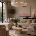 Load image into Gallery viewer, lucas coffee table in living room by a sectional with a chandelier in the same room and a large window along with artwork on the wall