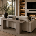 Load image into Gallery viewer, WOODEN CONSOLE TABLE BEHIND SOFA ON TOP OF AN AREA RUG IN A LIVING ROOM