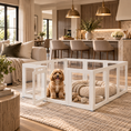 Load image into Gallery viewer, Clear acrylic playpen with white frame, Cavadoodle puppy, plush dog bed, and toys in a luxury living room with an open kitchen.