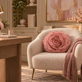 Load image into Gallery viewer, A cozy beige boucle armchair in a styled home office, featuring a large pink fabric flower pillow, a dusty pink throw blanket, and gold-toned legs.