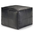 Load image into Gallery viewer, Square black leather ottoman pouf with topstitching detail and subtle textured pattern on white background