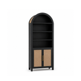 Load image into Gallery viewer, A tall black bookcase with three open shelves and two lower cabinet doors featuring natural woven cane panels and slim gold handles, shown on a plain white background.