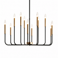 Load image into Gallery viewer, A modern 10-light candelabra-style black chandelier with a matte black metal frame, brushed brass cylindrical accents, and clear glass candle-shaped bulbs, shown against a plain white background.