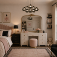 Load image into Gallery viewer, Black globe chandelier with smoked gray glass shades hanging above a vanity in an elegant pink bedroom