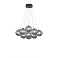 Load image into Gallery viewer, Modern cluster chandelier with nine reflective silver glass globe shades suspended from a black ceiling canopy by thin cables, shown against a plain white background.
