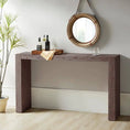 Load image into Gallery viewer, Minimalist brown wooden console table with clean lines against a light wall, decorated with bottles and a circular hanging mirror