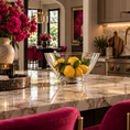 Load image into Gallery viewer, A crystal bowl filled with yellow lemons and green leaves sits on a polished marble kitchen island. The scene is set in a luxurious modern kitchen with pink velvet chairs, a large vase of pink flowers, and warm ambient lighting.