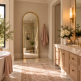 Load image into Gallery viewer, Gold arched mirror styled as a full-length floor mirror in an elegant bathroom