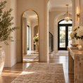 Load image into Gallery viewer, Gold arched mirror styled as a full-length floor mirror in an elegant entryway