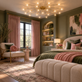 Load image into Gallery viewer, A styled bedroom interior with a large upholstered bed, pink and green bedding, a matching armchair by a window, a tufted bench at the foot of the bed, shelving, and a glowing multi-arm chandelier. The room has muted sage green walls and pink curtains.