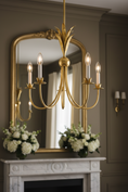 Load image into Gallery viewer, gold chandelier in living room near to a fireplace