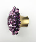 Load image into Gallery viewer, Close-up of amethyst jeweled rhinestone knob with honey bronze base on white background