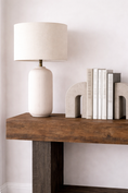 Load image into Gallery viewer, rustic console table close-up with books and a lamp on it
