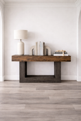Load image into Gallery viewer, Rustic Console Table with decor on it in a room on hardwood floor and white walls