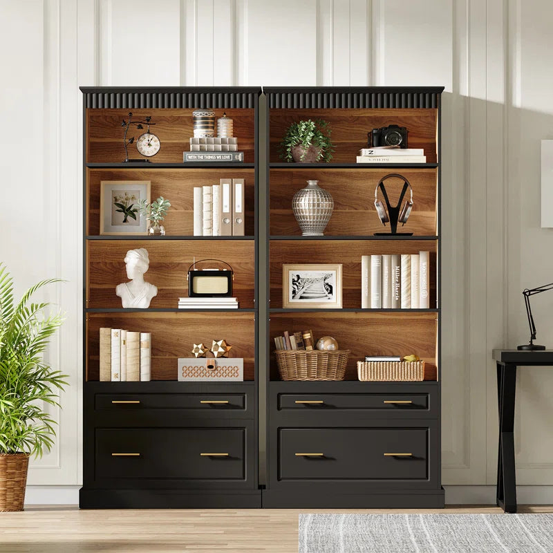 dark color bookshelves with decor on them
