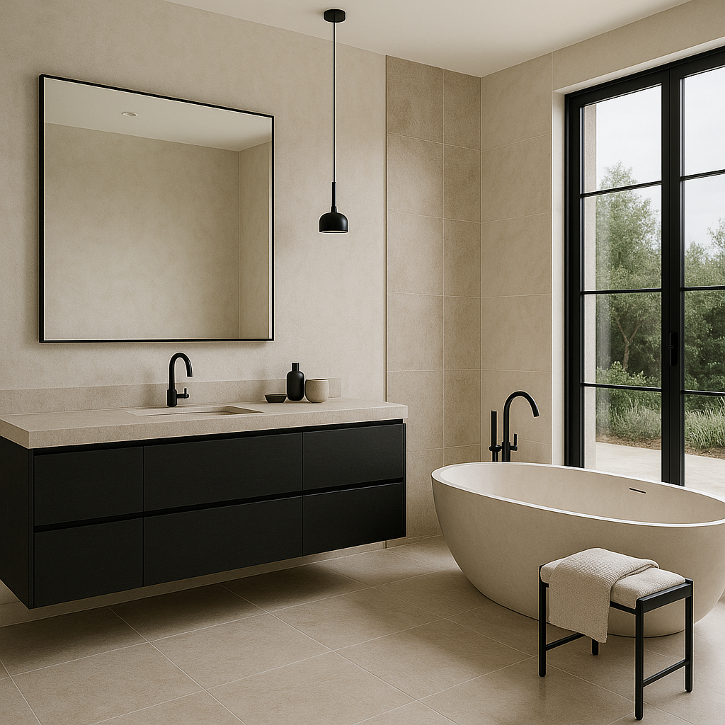 modern bathroom with floating vanity and stand alone white bathtub with black faucet