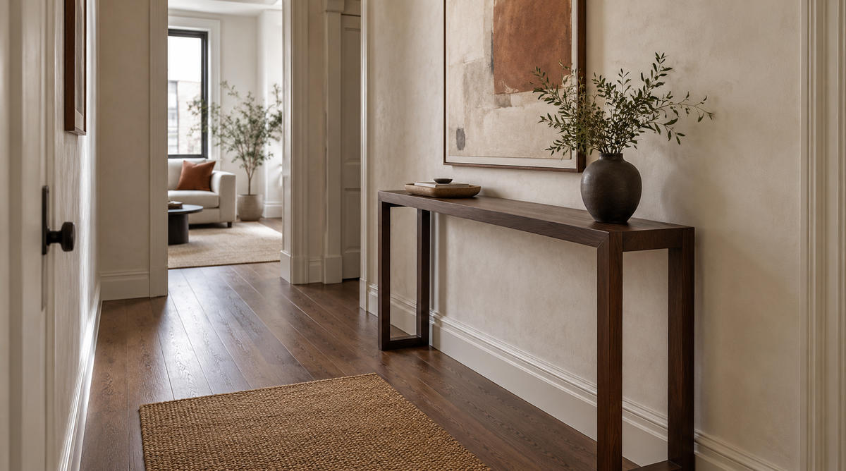 Warm modern entryway with a wood console table, sculptural mirror, lamp, and olive branches