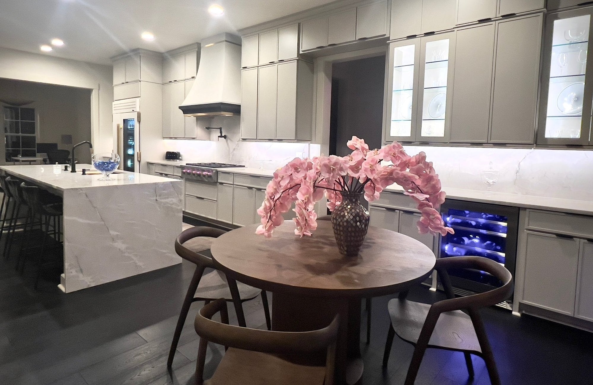kitchen with pink flowers