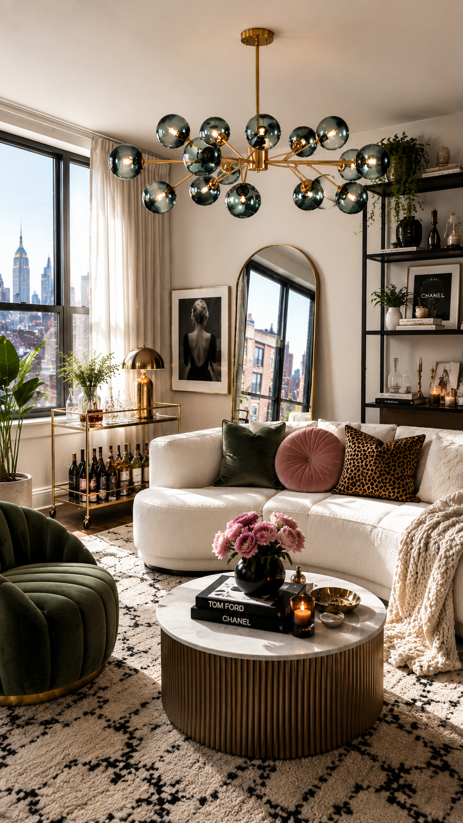 apartment livingroom with chandelier lighting