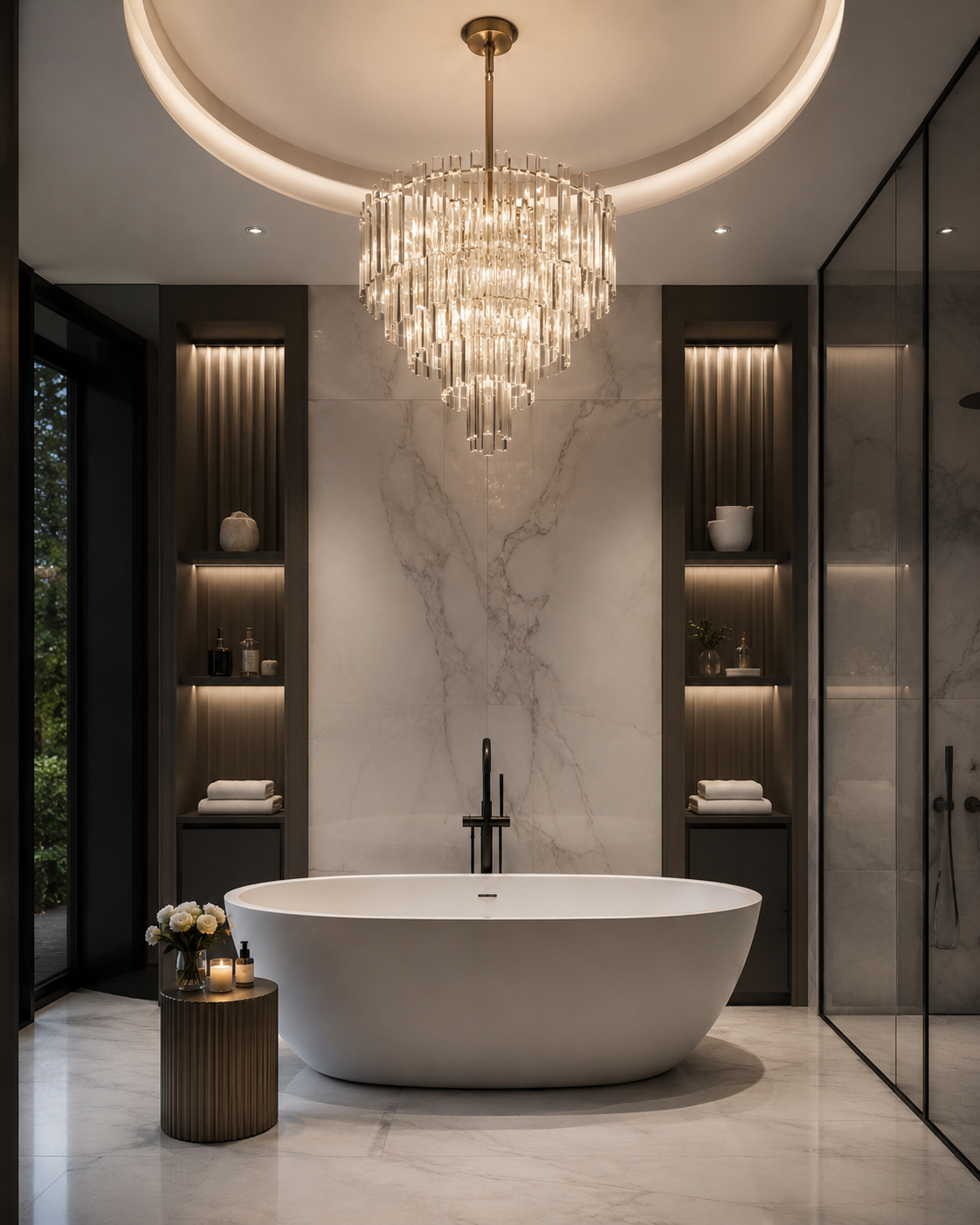 luxury bathroom with crystal chandelier over tub