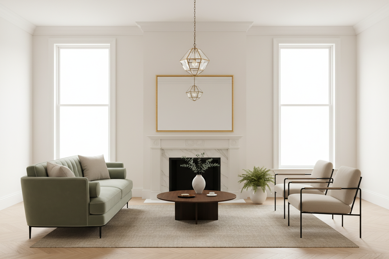 a touch of regency design in a living room space with sofa coffee table and chairs
