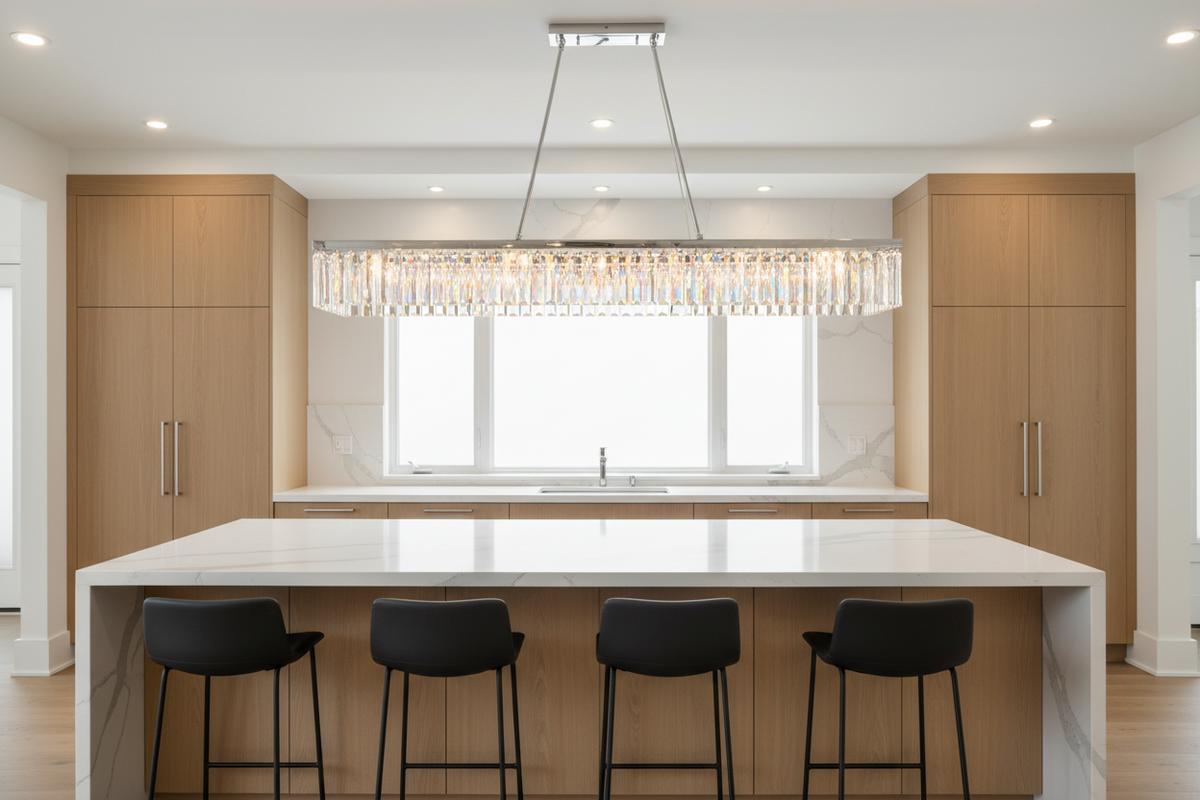 kitchen chandelier over a modern island with black barstools