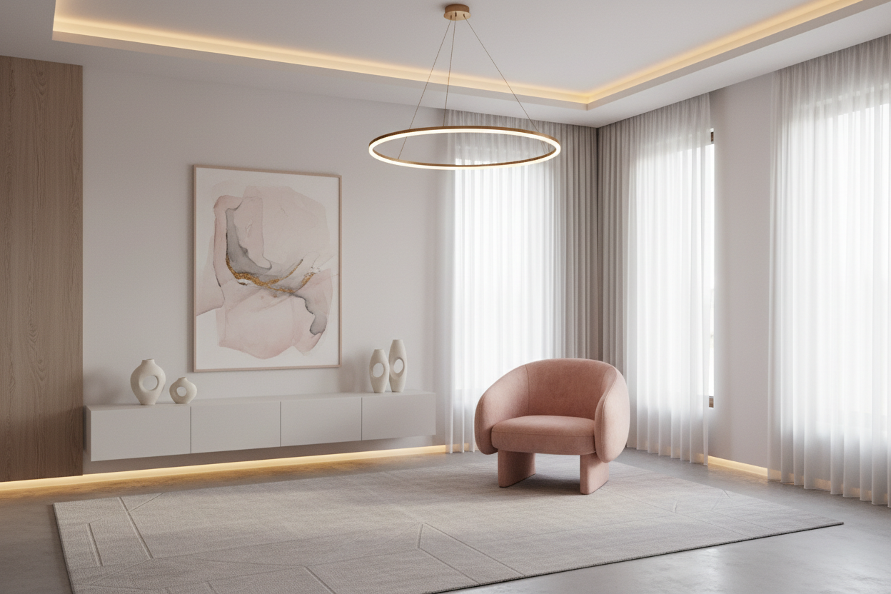 living space with a pink chair and modern chandelier