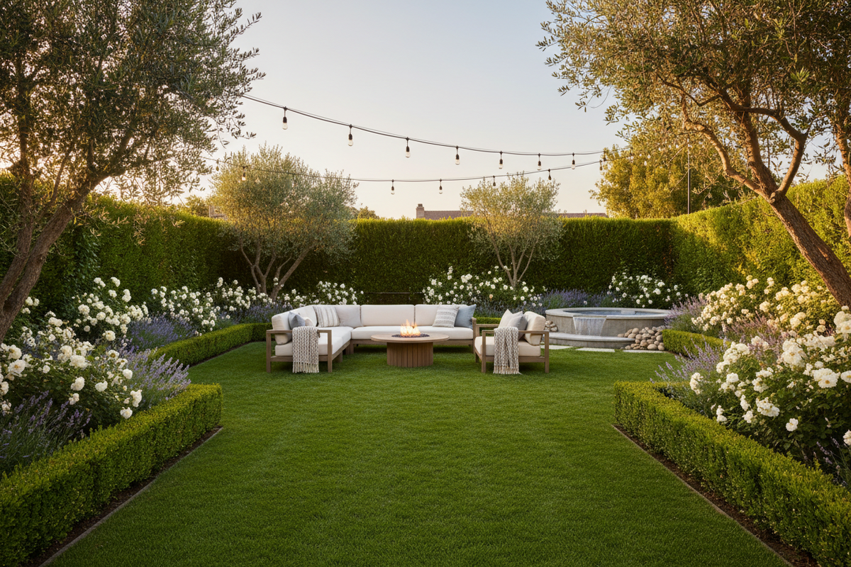 outside decor with green lawn and hedges