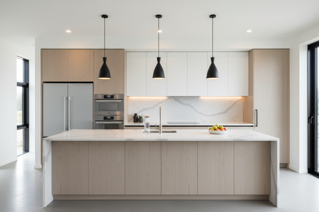 kitchen island with hanging lights and stainless steel refrigerator