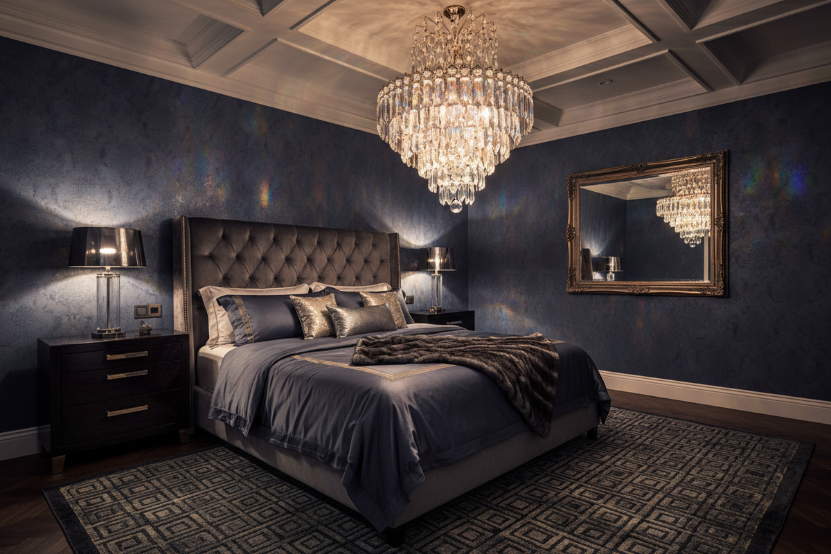 BEDROOM WITH CRYSTAL CHANDELIER