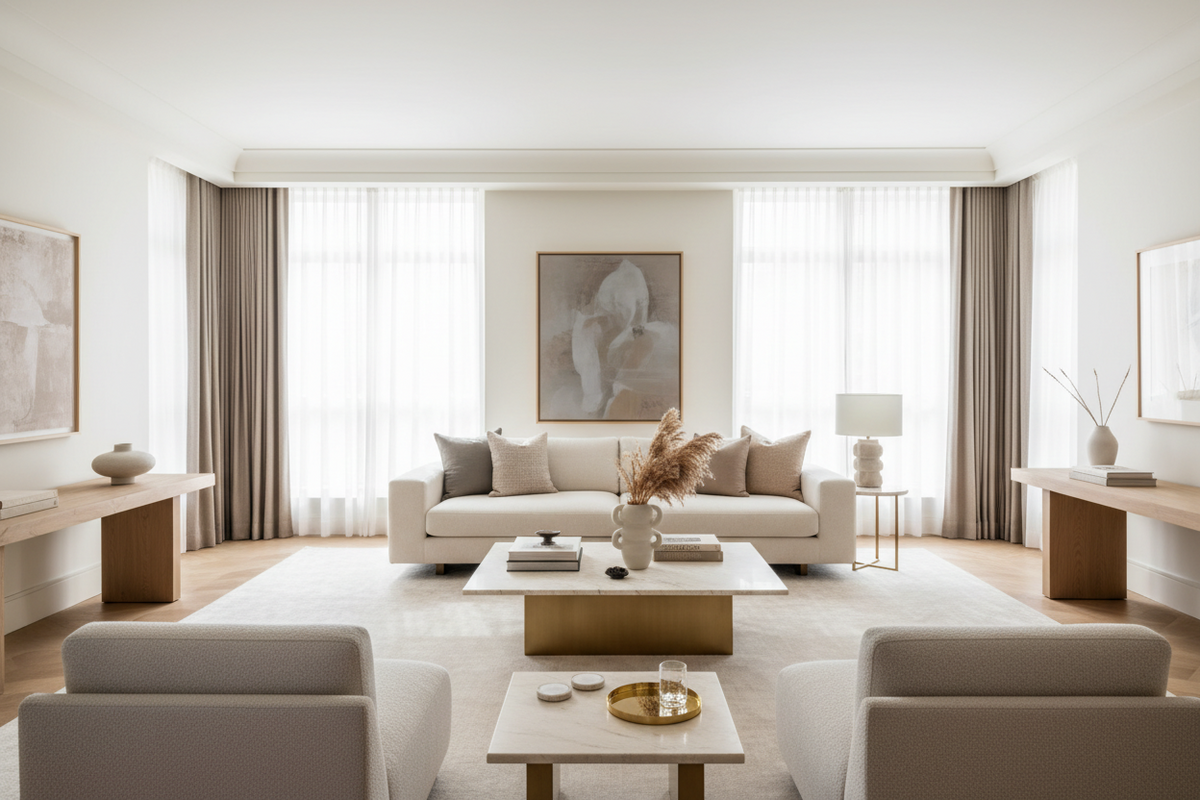 LIVING ROOM WITH FURNITURE AND WHITE WALLS