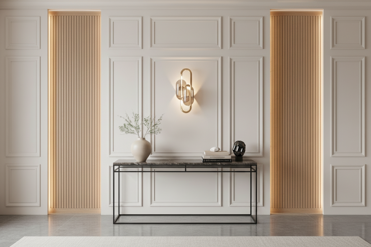 an accent wall with console table and sconce
