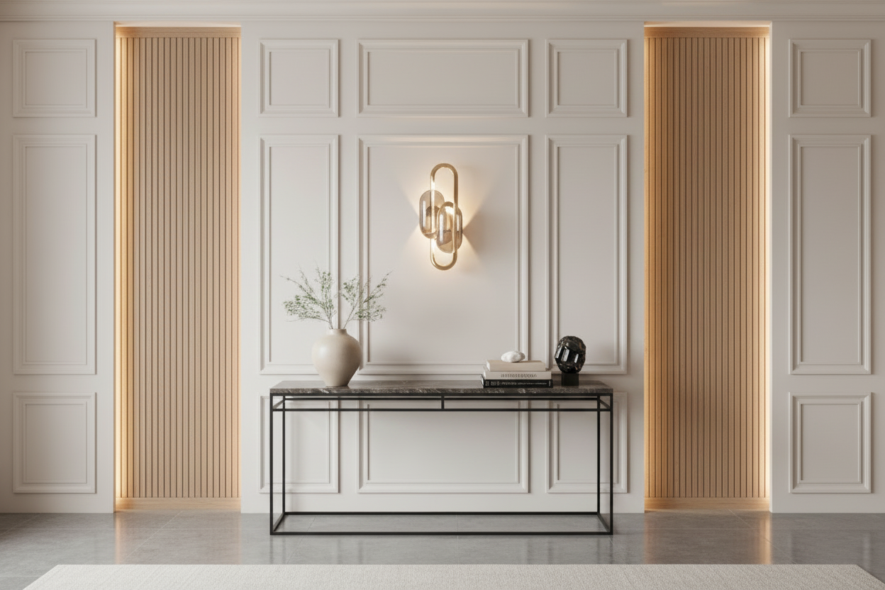 an accent wall with console table and sconce