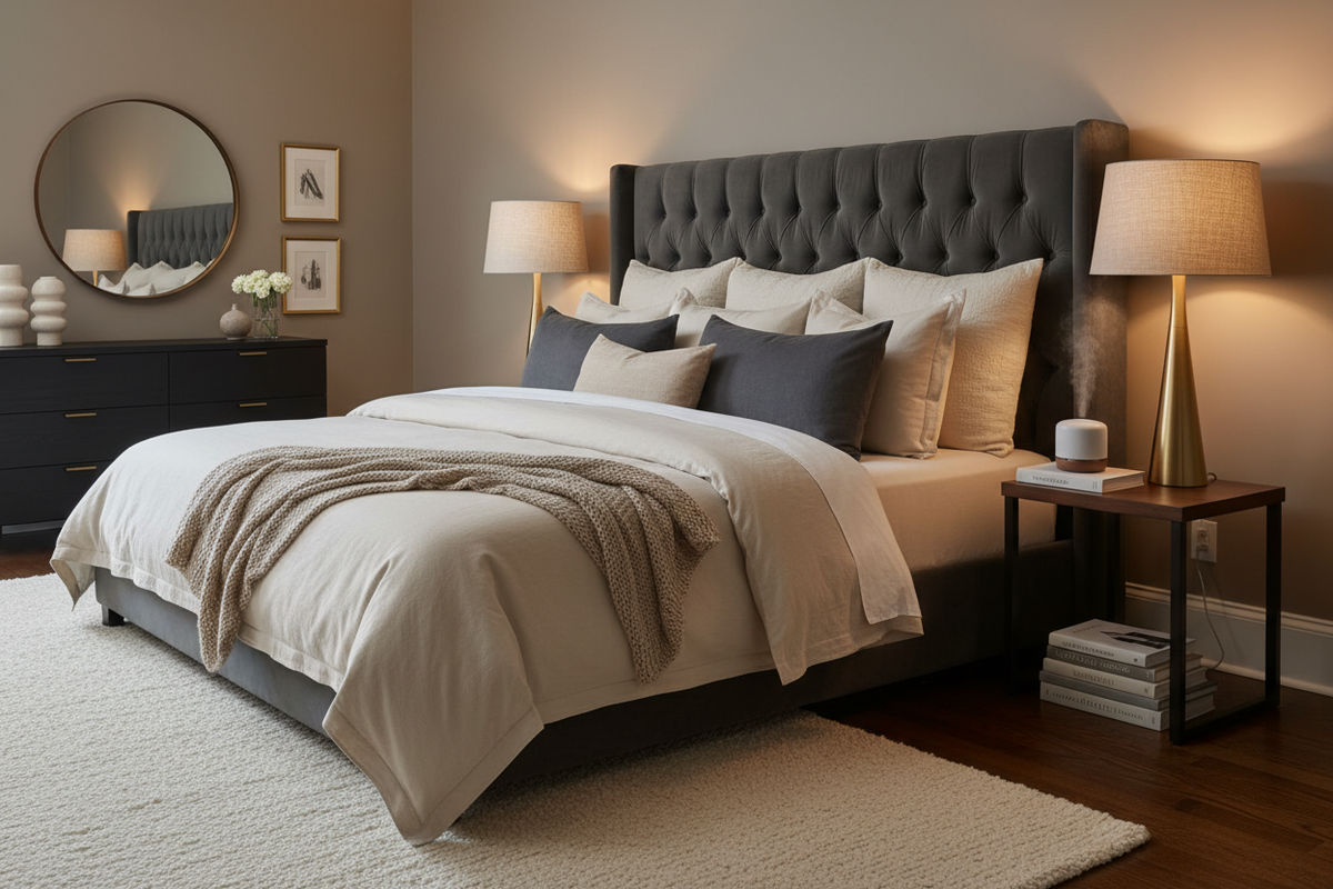 COMFORTABLE BEDROOM WITH BED AND END TABLE AND LAMP