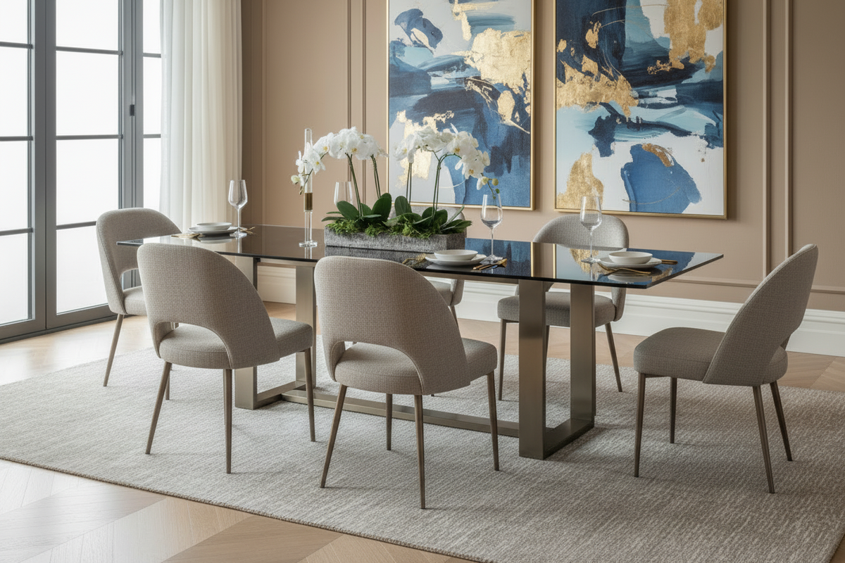 dining room with chairs and table and art work on walls