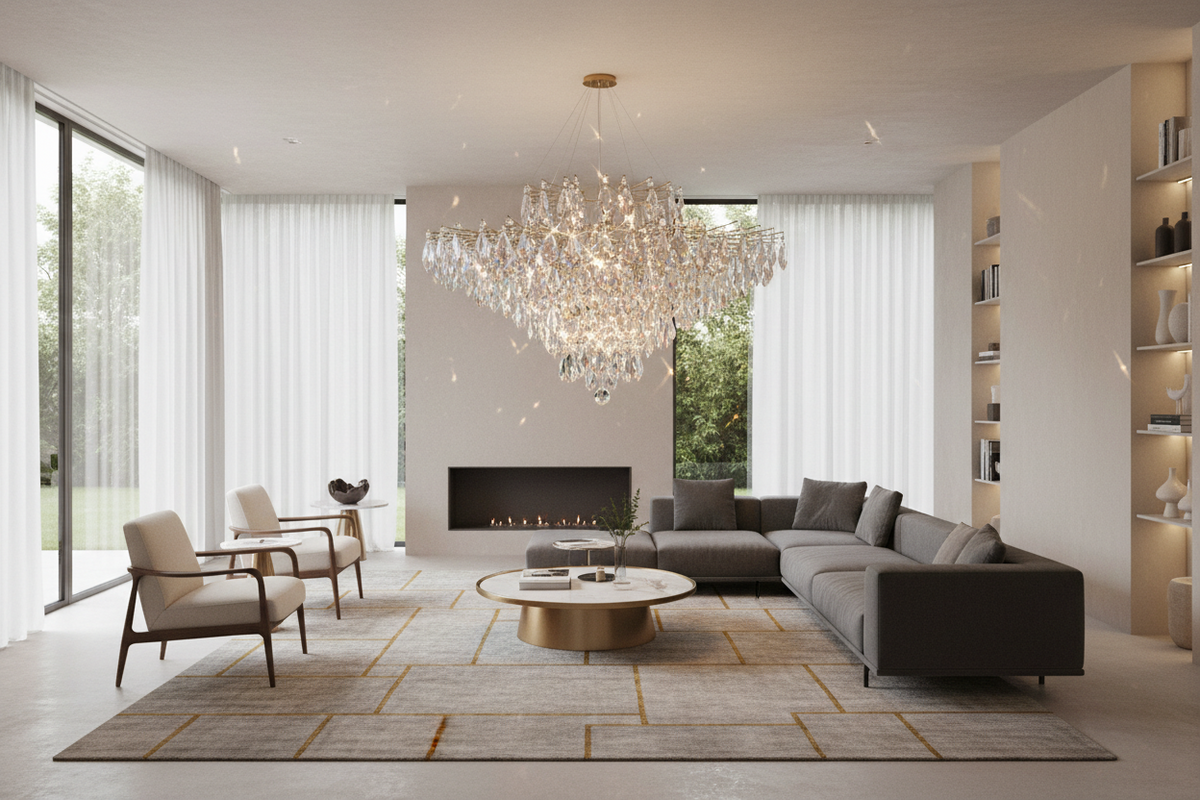 MODERN LIVING ROOM WITH CHANDELIER