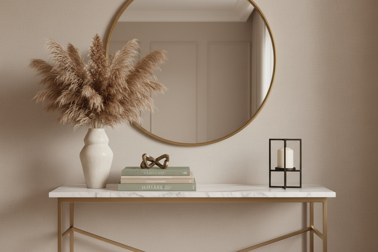 console table with mirror above it and vase with books next to it