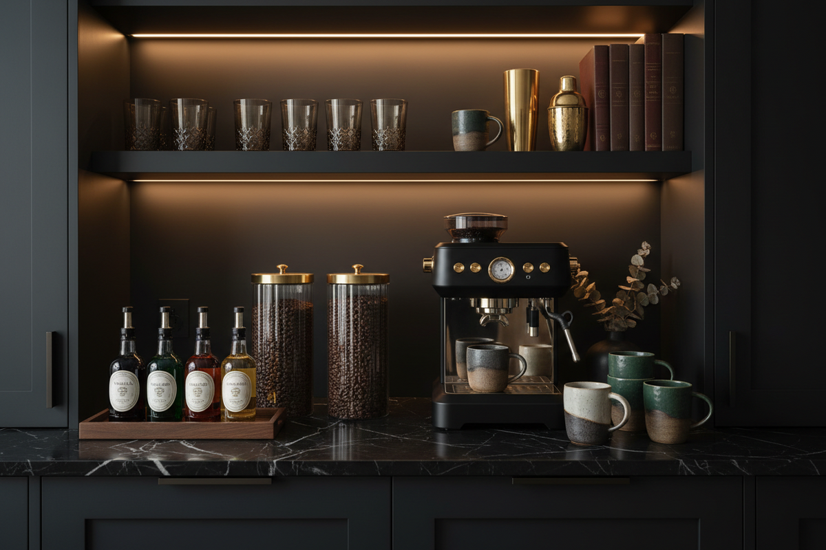 Designer coffee station featuring built-in cabinetry, ambient shelf lighting, espresso machine, and luxury home decor accents.