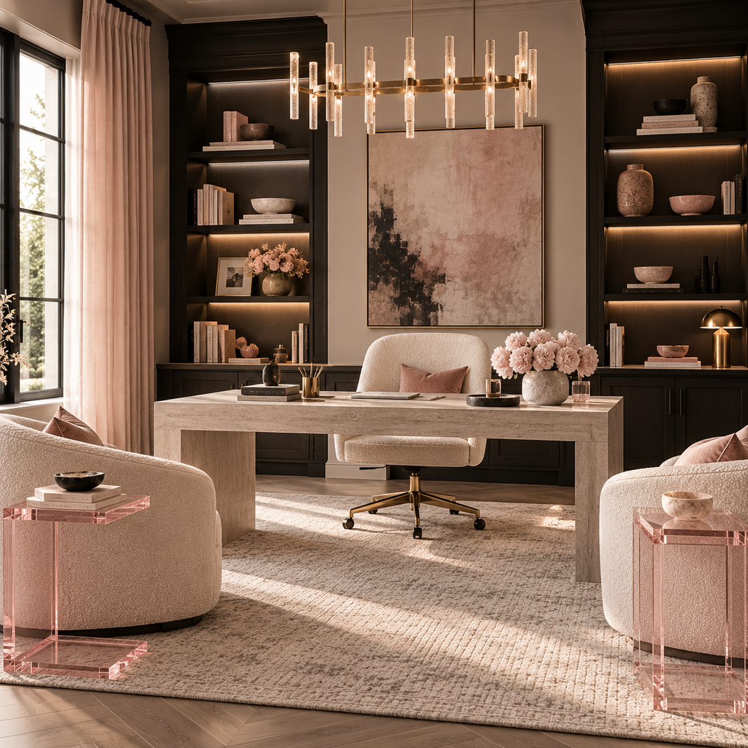 pink acrylic side tables in a woman's at-home office