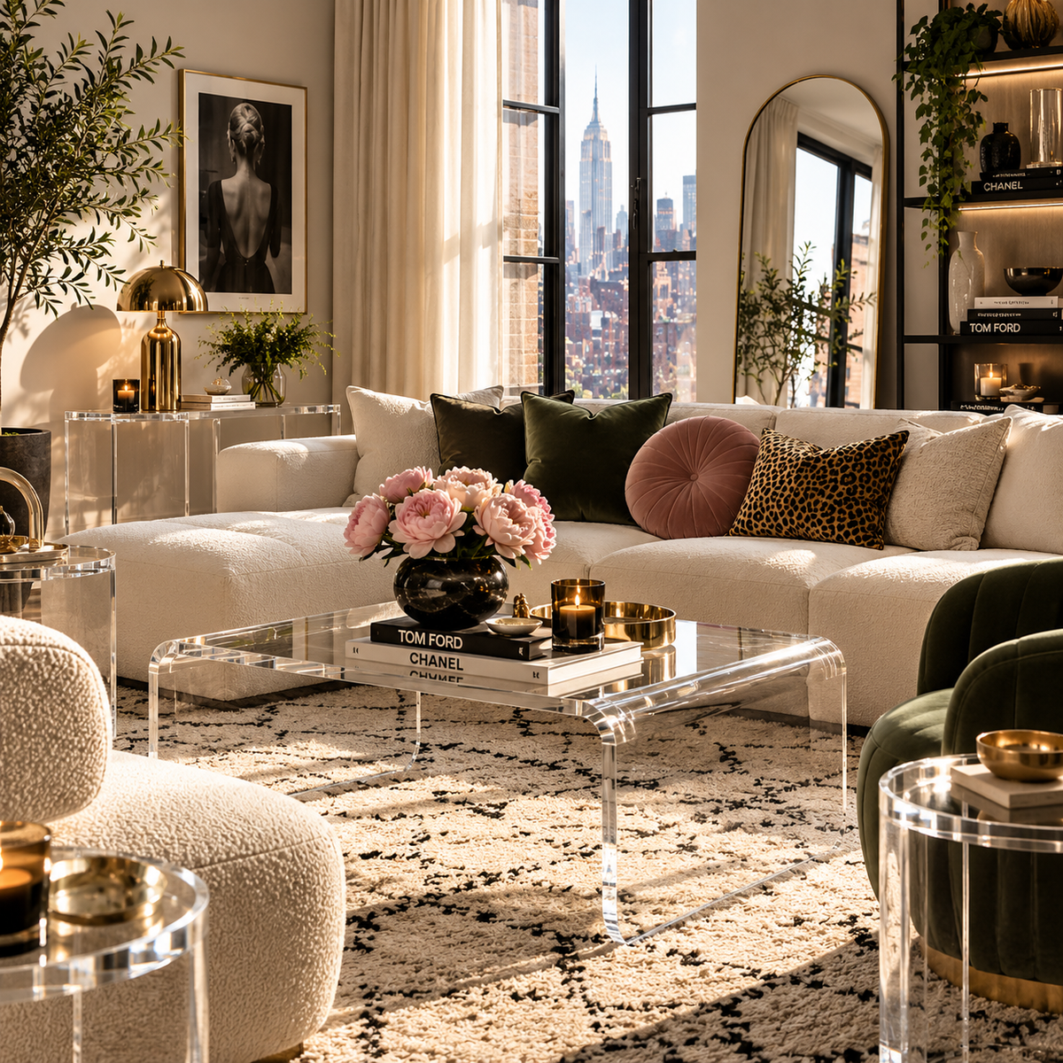 GLAMOUROUS LIVING ROOM WITH SOME ACRYLIC FURNITURE