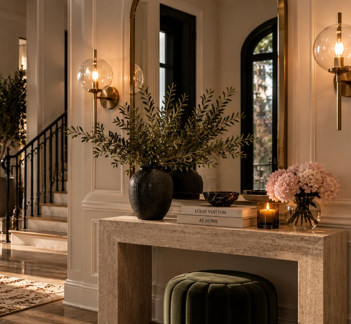 entryway with sconces and console table